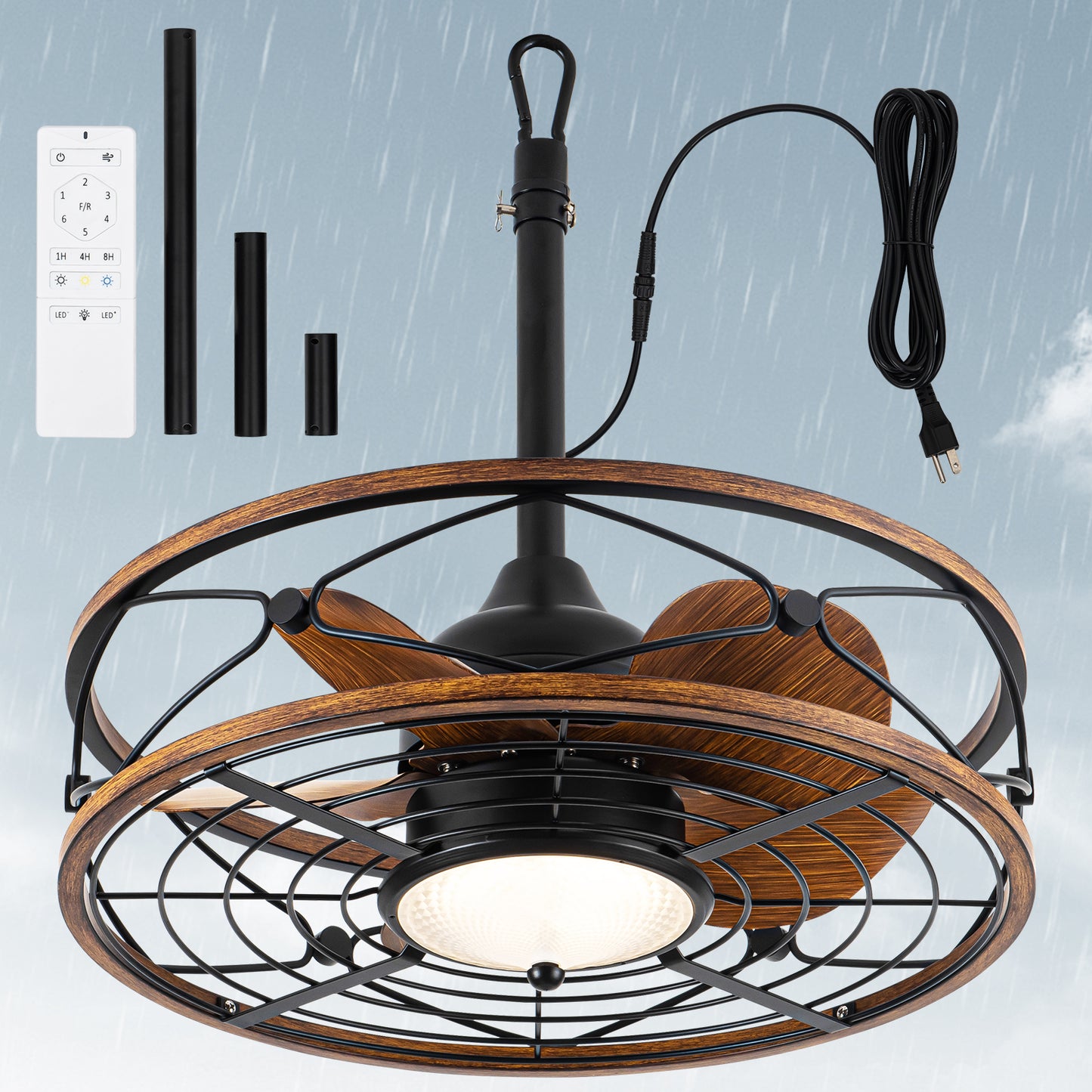 TIFEROR 20'' Wet Rated Outdoor Ceiling Fans with Lights and Remote for Patios, 3 Dimmable Color LED, Hanging with Hook