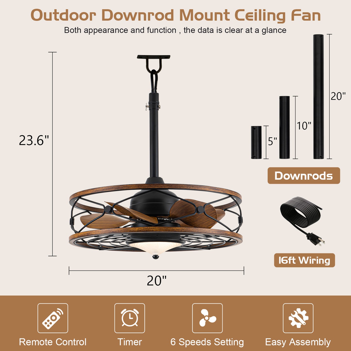 TIFEROR 20'' Wet Rated Outdoor Ceiling Fans with Lights and Remote for Patios, 3 Dimmable Color LED, Hanging with Hook