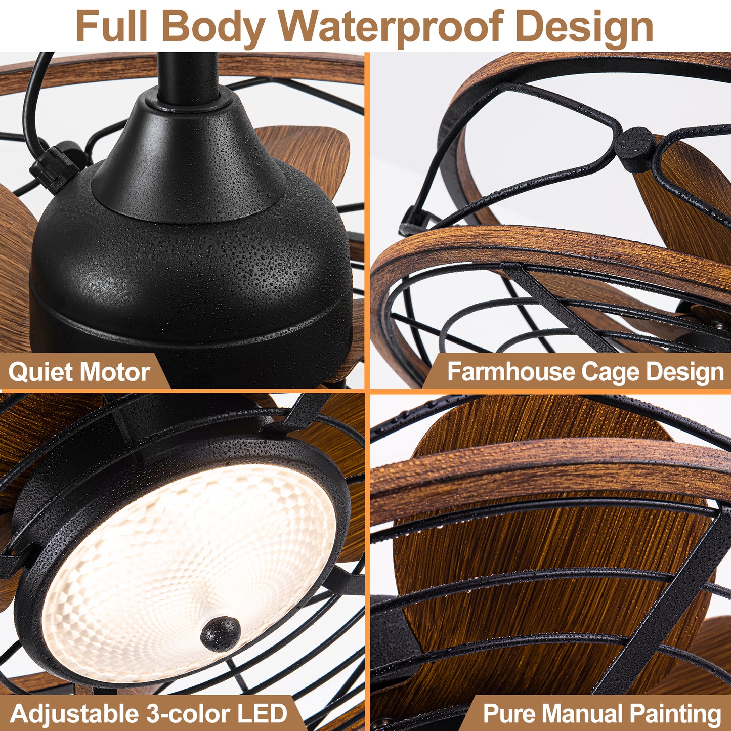 TIFEROR 20'' Wet Rated Outdoor Ceiling Fans with Lights and Remote for Patios, 3 Dimmable Color LED, Hanging with Hook