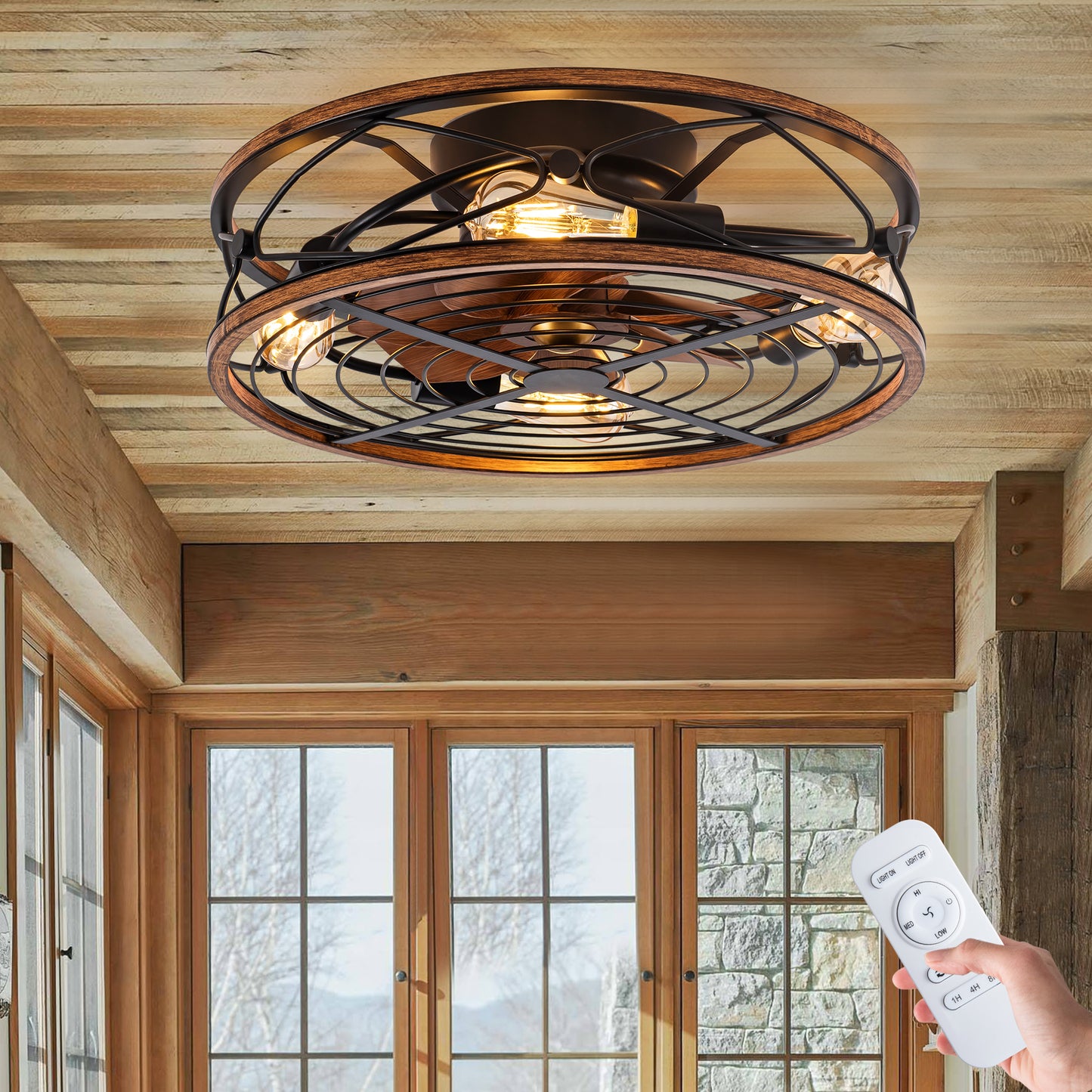 TIFEROR 20'' Caged Ceiling Fans With Lights and Remote -3 Speeds Reversible Motor, Includes 5 E26 bulbs