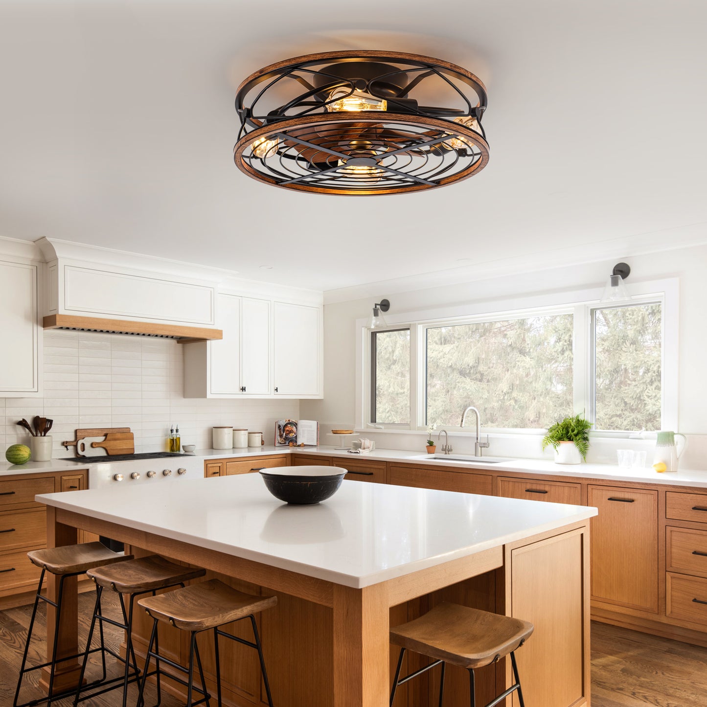 TIFEROR 20'' Caged Ceiling Fans With Lights and Remote -3 Speeds Reversible Motor, Includes 5 E26 bulbs