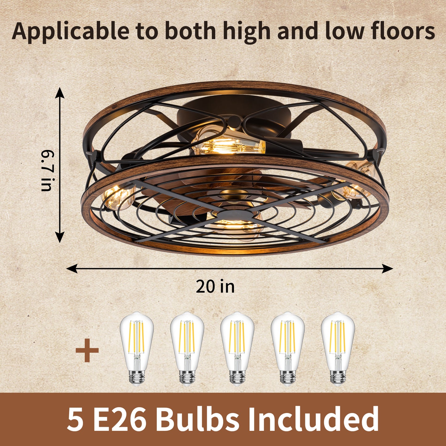TIFEROR 20'' Caged Ceiling Fans With Lights and Remote -3 Speeds Reversible Motor, Includes 5 E26 bulbs