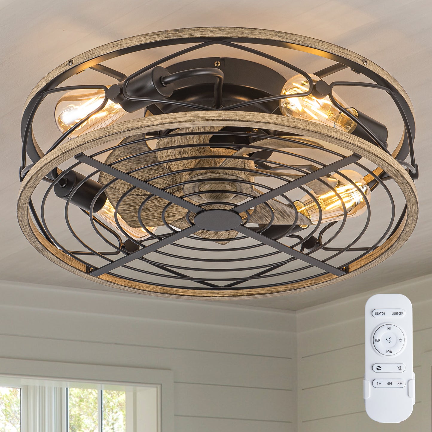 TIFEROR 20'' Caged Ceiling Fans With Lights and Remote -3 Speeds Reversible Motor, Includes 5 E26 bulbs