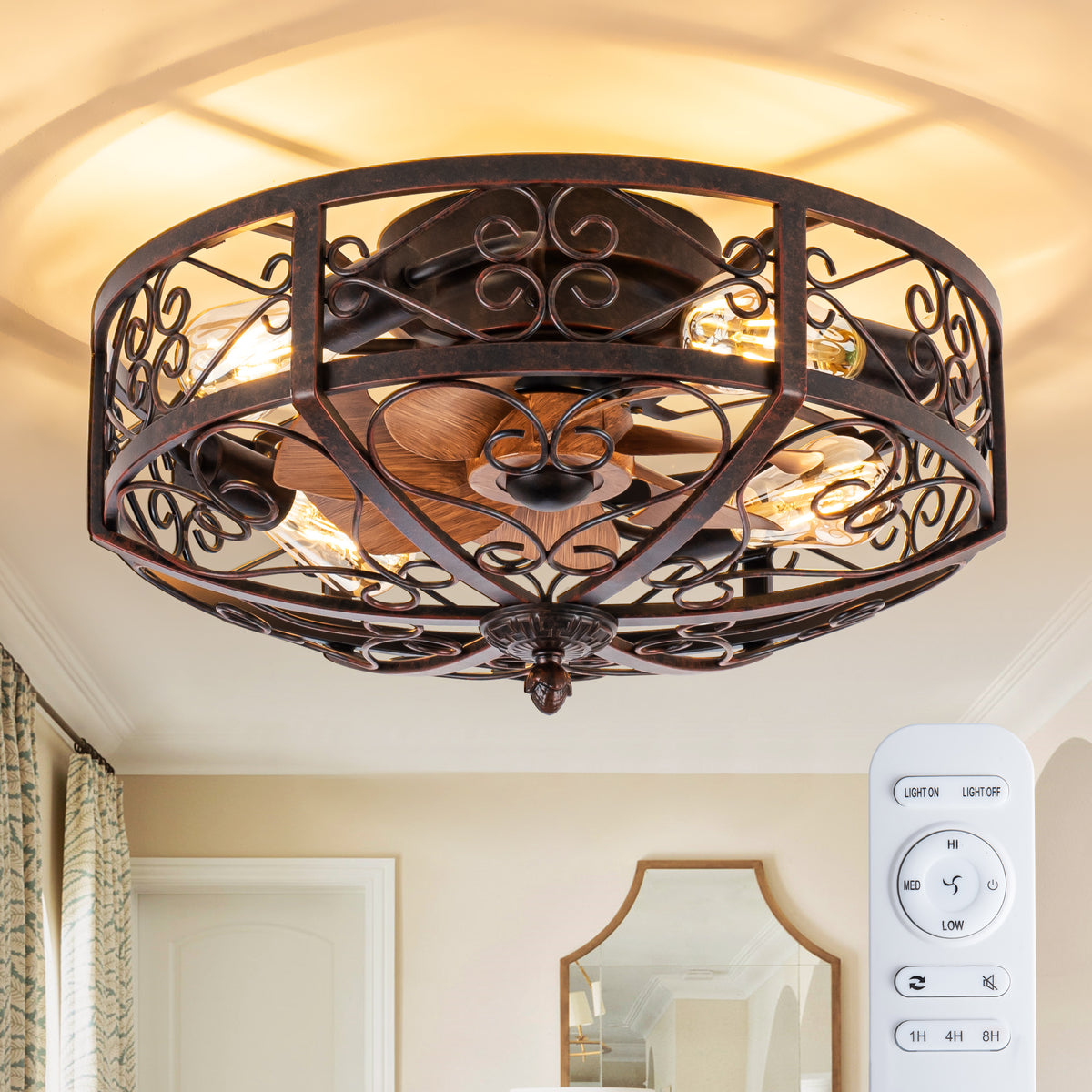 TIFEROR 20" Rustic Caged Ceiling Fan – 5×E26