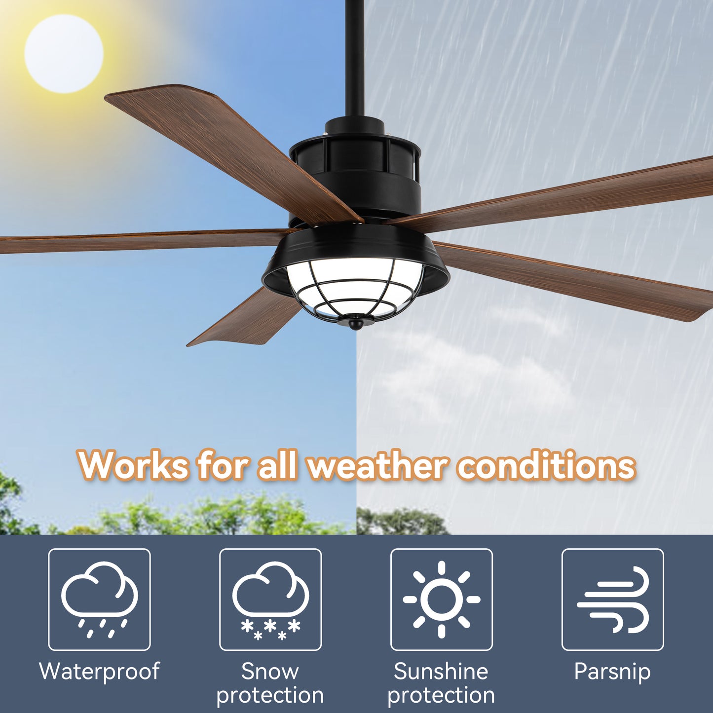 TIFEROR 52" Outdoor Ceiling Fans with Light and Remote, 5 Blades, 3-Colors LED, IP65 Waterproof Ceiling Fan for Gazebo Patio