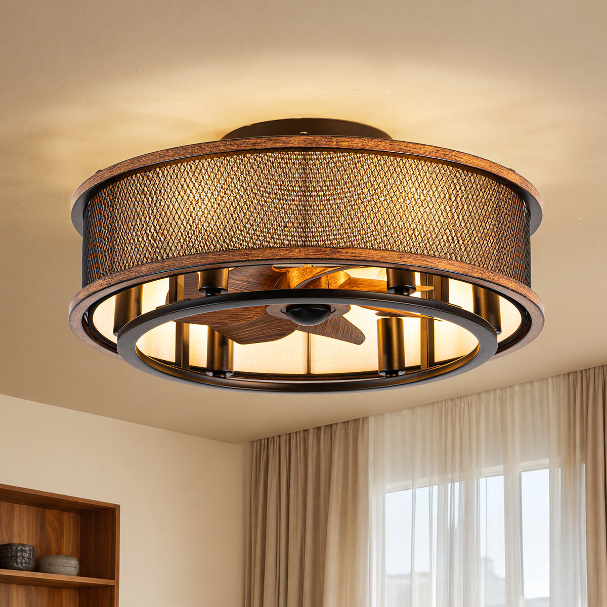 TIFEROR 20" Caged Ceiling Fan Low Profile Flush Mount Fandelier with Light