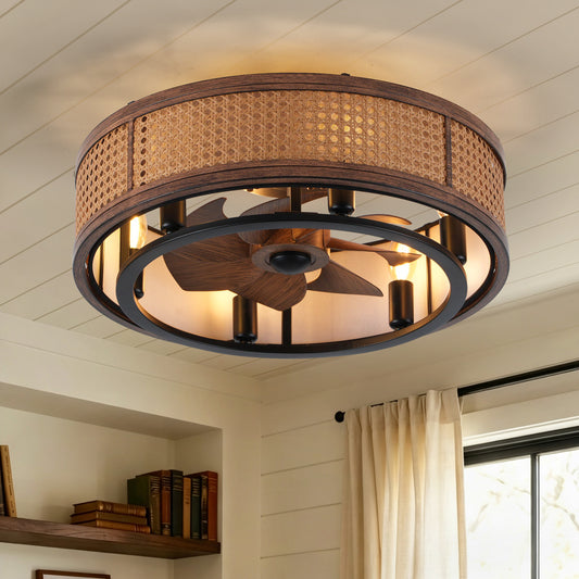 TIFEROR 20 Inch Low Profile Caged Fandelier Rattan Flush Mount Ceiling Fan