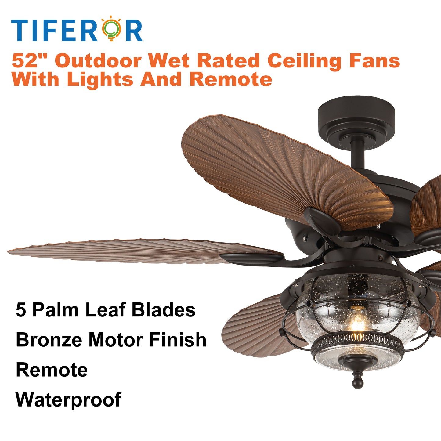 TIFEROR 52'' Wet Rated Ceiling Fans with Light and Remote, Tropical Outdoor Ceiling Fan Palm Island, for Gazebo Patio