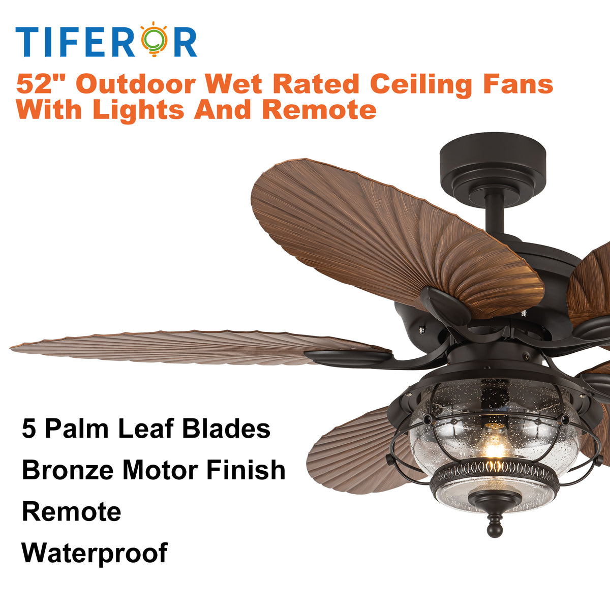 TIFEROR 52" Outdoor Gazebo Ceiling Fan – Wet Rated