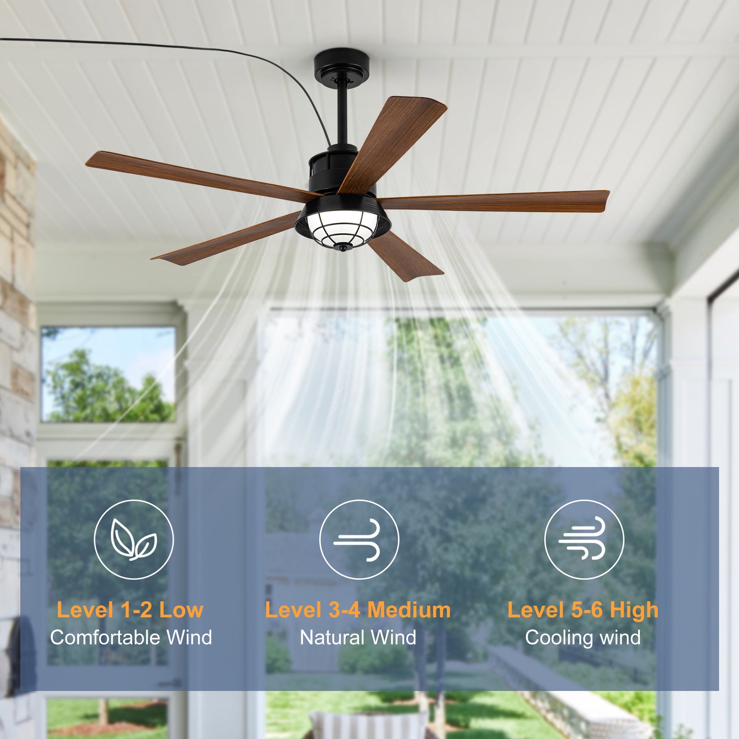 TIFEROR 52" Outdoor Ceiling Fans with Light and Remote, 5 Blades, 3-Colors LED, IP65 Waterproof Ceiling Fan for Gazebo Patio