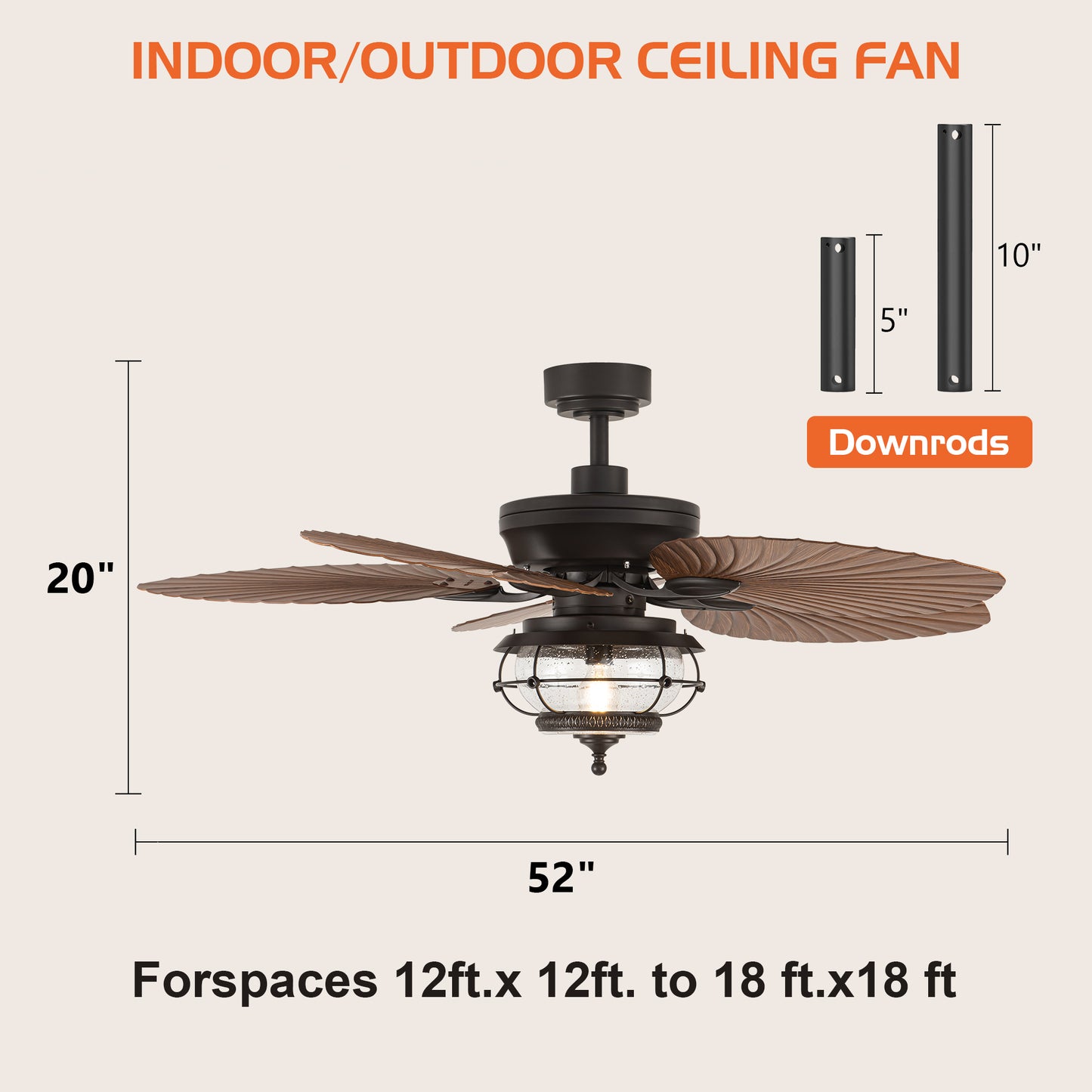 TIFEROR 52'' Wet Rated Ceiling Fans with Light and Remote, Tropical Outdoor Ceiling Fan Palm Island, for Gazebo Patio