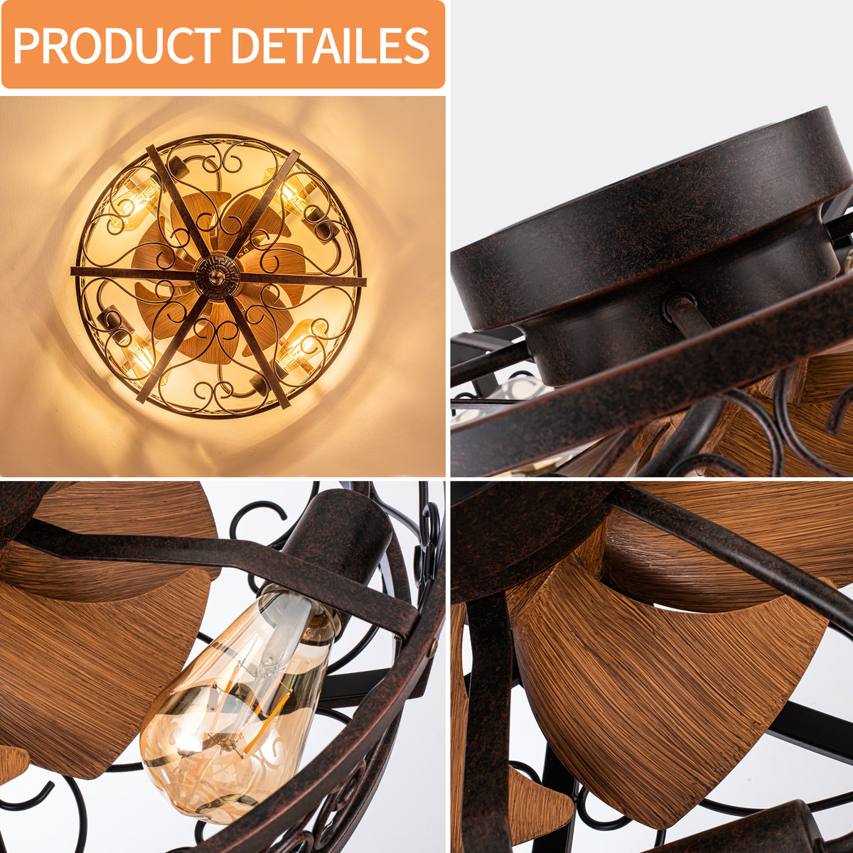 TIFEROR 20" Rustic Caged Ceiling Fan – 5×E26
