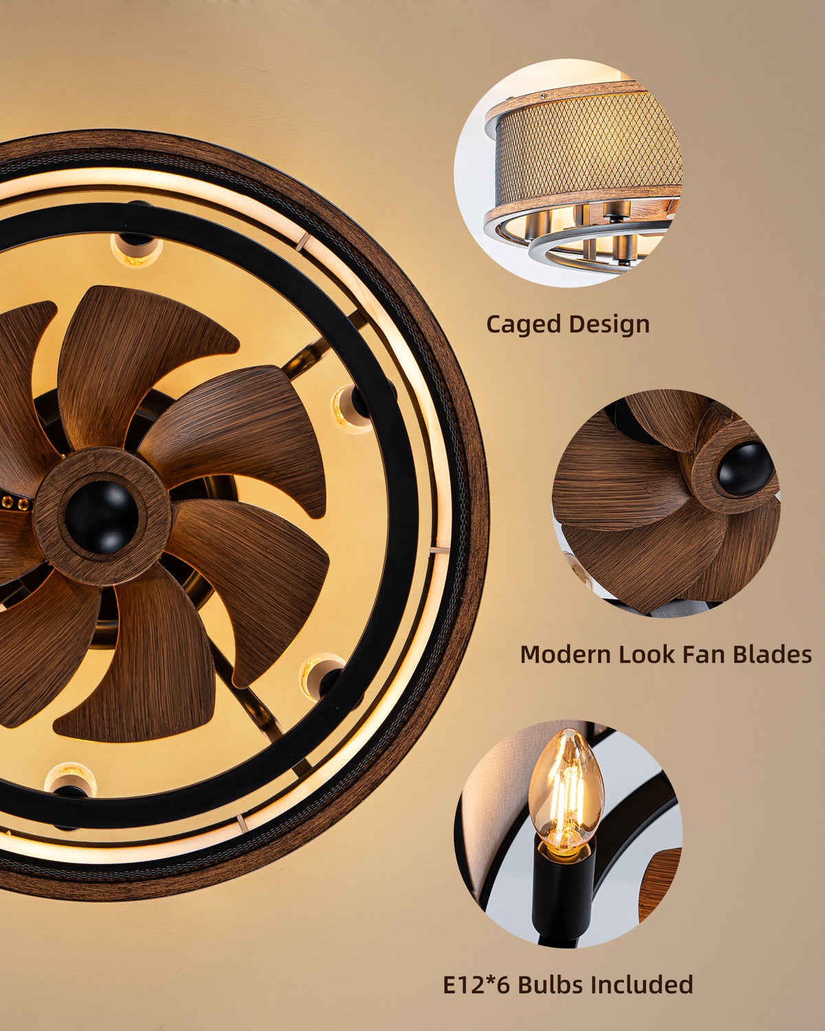 TIFEROR 20" Caged Ceiling Fan Low Profile Flush Mount Fandelier with Light