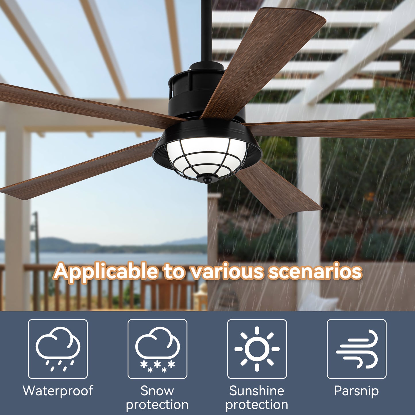 TIFEROR 52" Outdoor Ceiling Fans with Lights for patios, Wet Rated Ceiling Fans with Lights and Remote-5 Blades