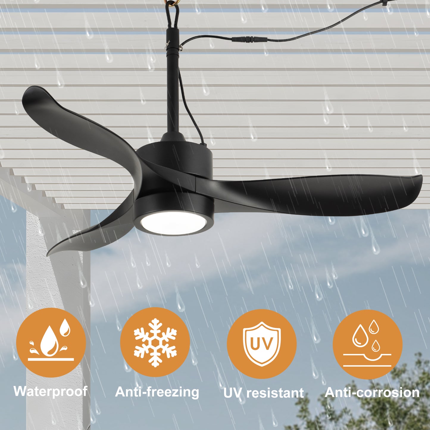 42" Wet Rated Hanging Gazebo Fan with Remote, Outdoor Ceiling Fan with Light for Patios