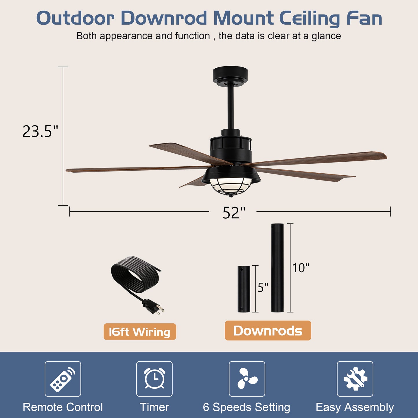 TIFEROR 52" Outdoor Ceiling Fans with Light and Remote, 5 Blades, 3-Colors LED, IP65 Waterproof Ceiling Fan for Gazebo Patio