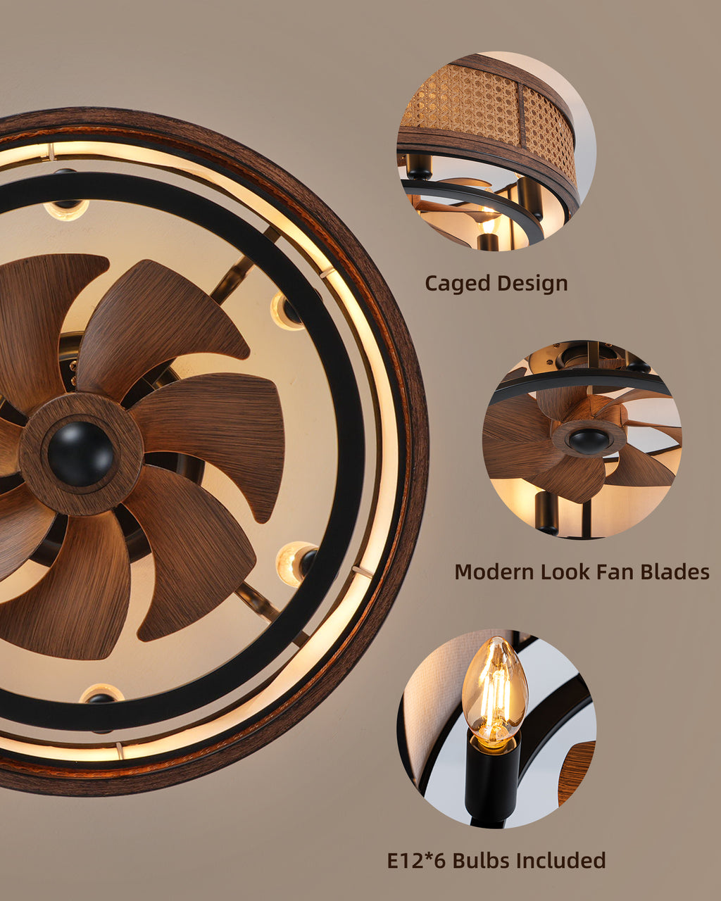 TIFEROR 20" Rattan Caged Ceiling Fan with Light & Remote