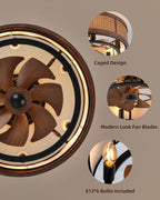 TIFEROR 20" Rattan Caged Ceiling Fan with Light & Remote