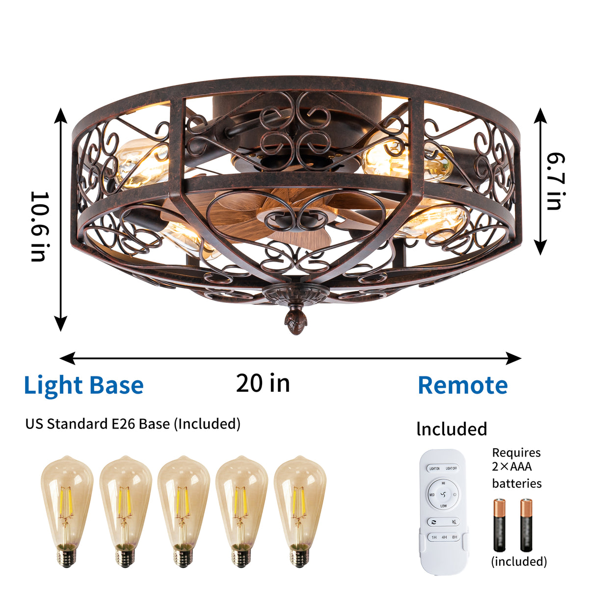 TIFEROR 20" Rustic Caged Ceiling Fan – 5×E26