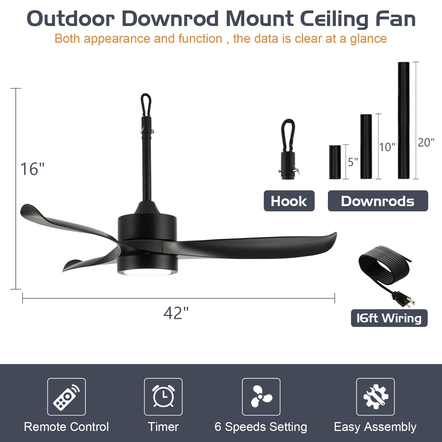 42" Wet Rated Hanging Gazebo Fan with Remote, Outdoor Ceiling Fan with Light for Patios