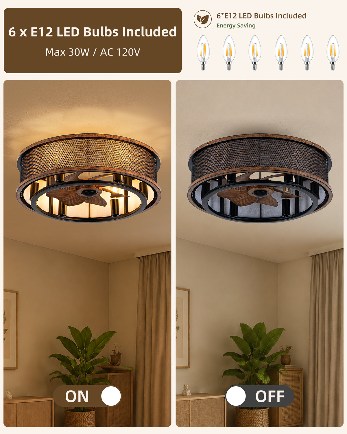 TIFEROR 20" Caged Ceiling Fan with Light & Remote – Flush Mount