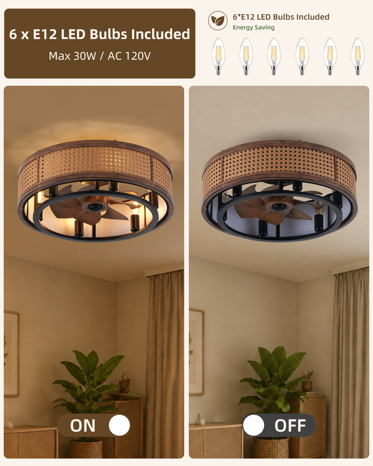 TIFEROR 20" Rattan Caged Ceiling Fan with Light & Remote