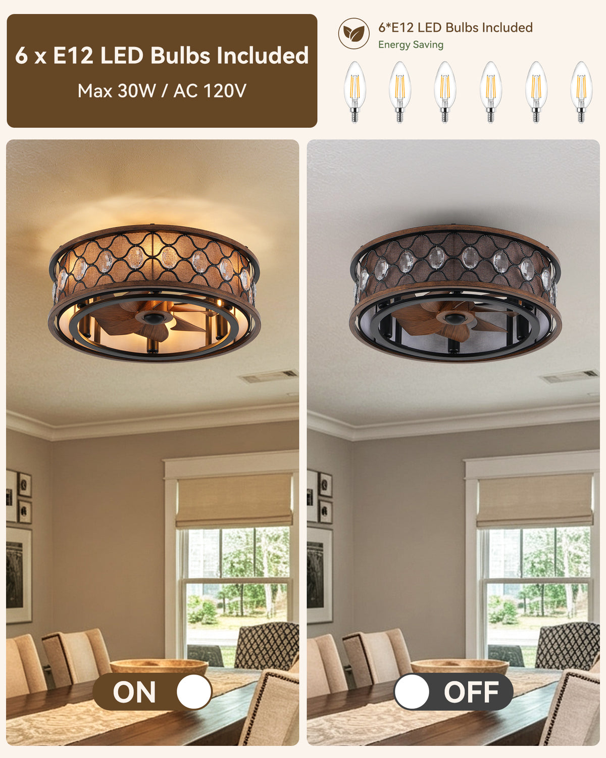 TIFEROR 20" Low Profile Caged Fandelier Ceiling Fan with Light and Remote