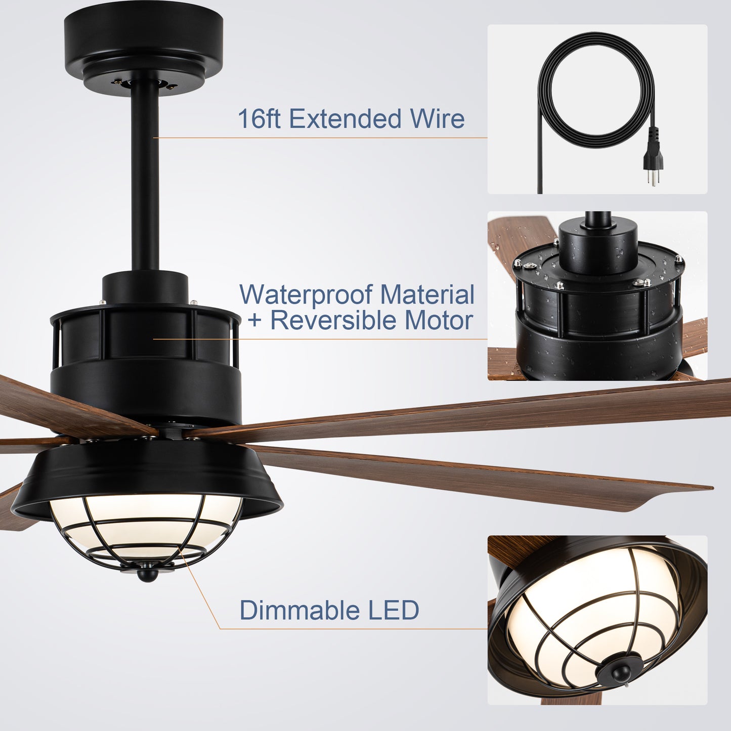 TIFEROR 52" Outdoor Ceiling Fans with Light and Remote, 5 Blades, 3-Colors LED, IP65 Waterproof Ceiling Fan for Gazebo Patio