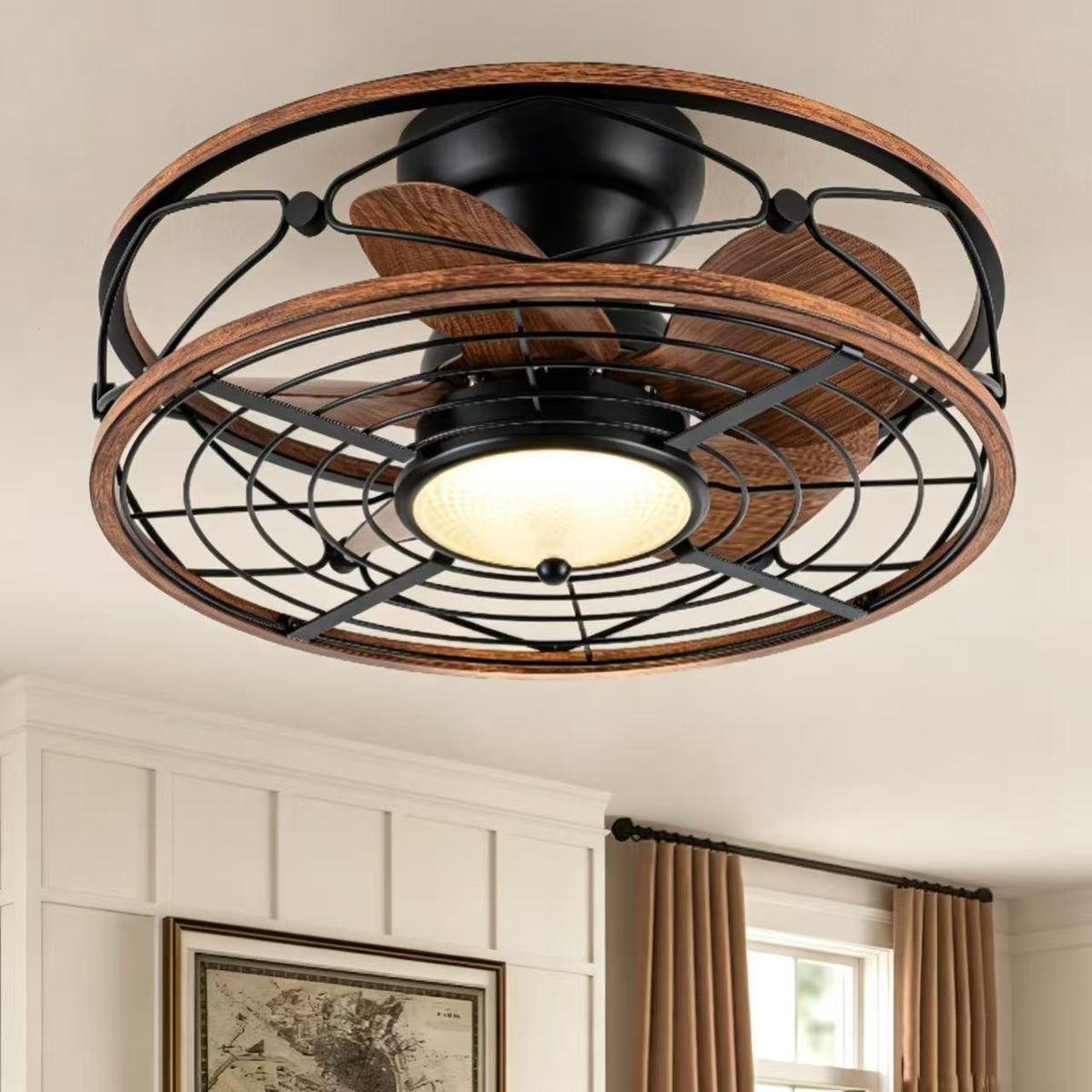 TIFEROR 20" Caged Ceiling Fan – 3-Color LED, Reversible Motor