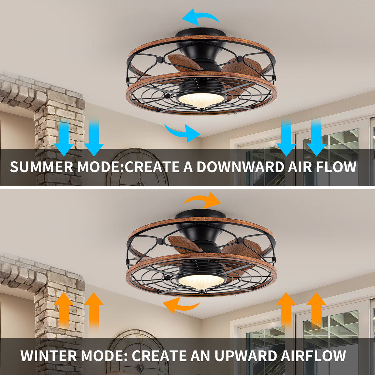 TIFEROR 20" Caged Ceiling Fan – 3-Color LED, Reversible Motor