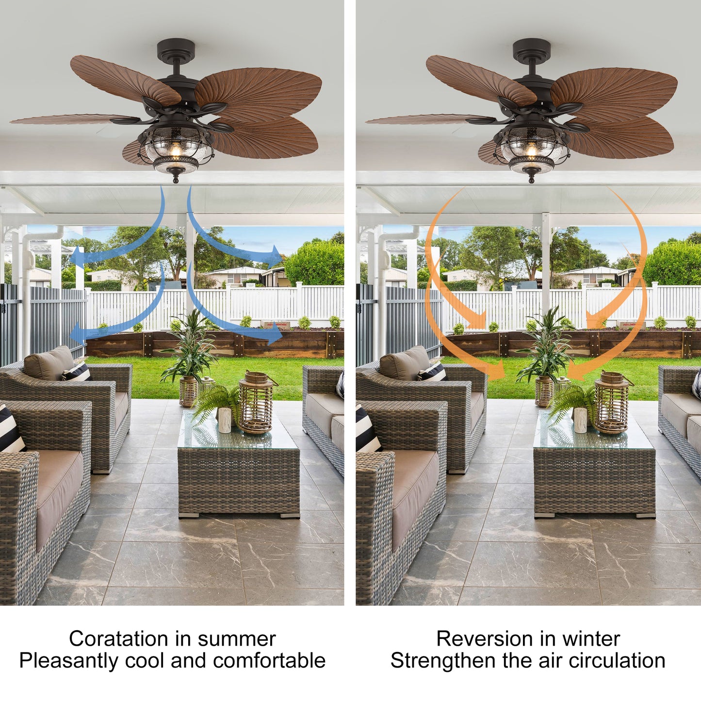 TIFEROR 52'' Wet Rated Ceiling Fans with Light and Remote, Tropical Outdoor Ceiling Fan Palm Island, for Gazebo Patio