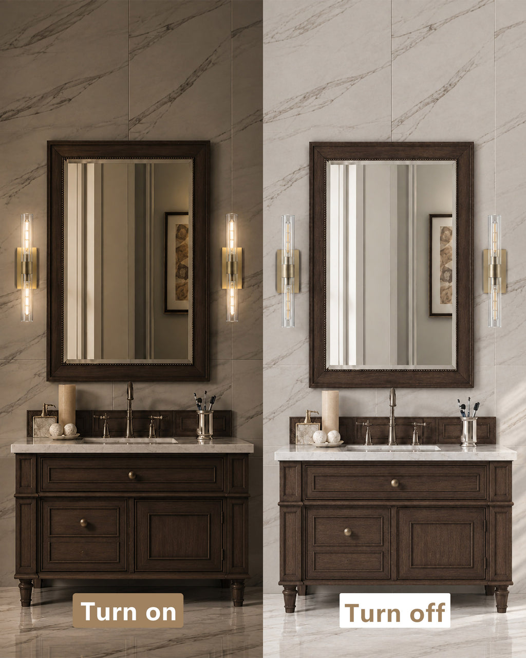TIFEROR Brass Gold Wall Sconce, Modern Dimmable E26 LED Bathroom Wall Light
