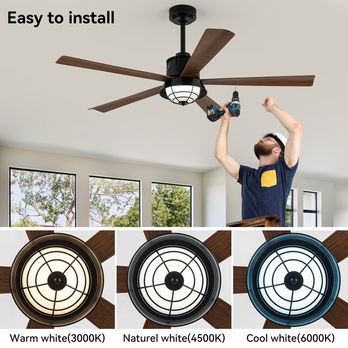 TIFEROR 52" Outdoor Ceiling Fans with Lights for patios, Wet Rated Ceiling Fans with Lights and Remote-5 Blades