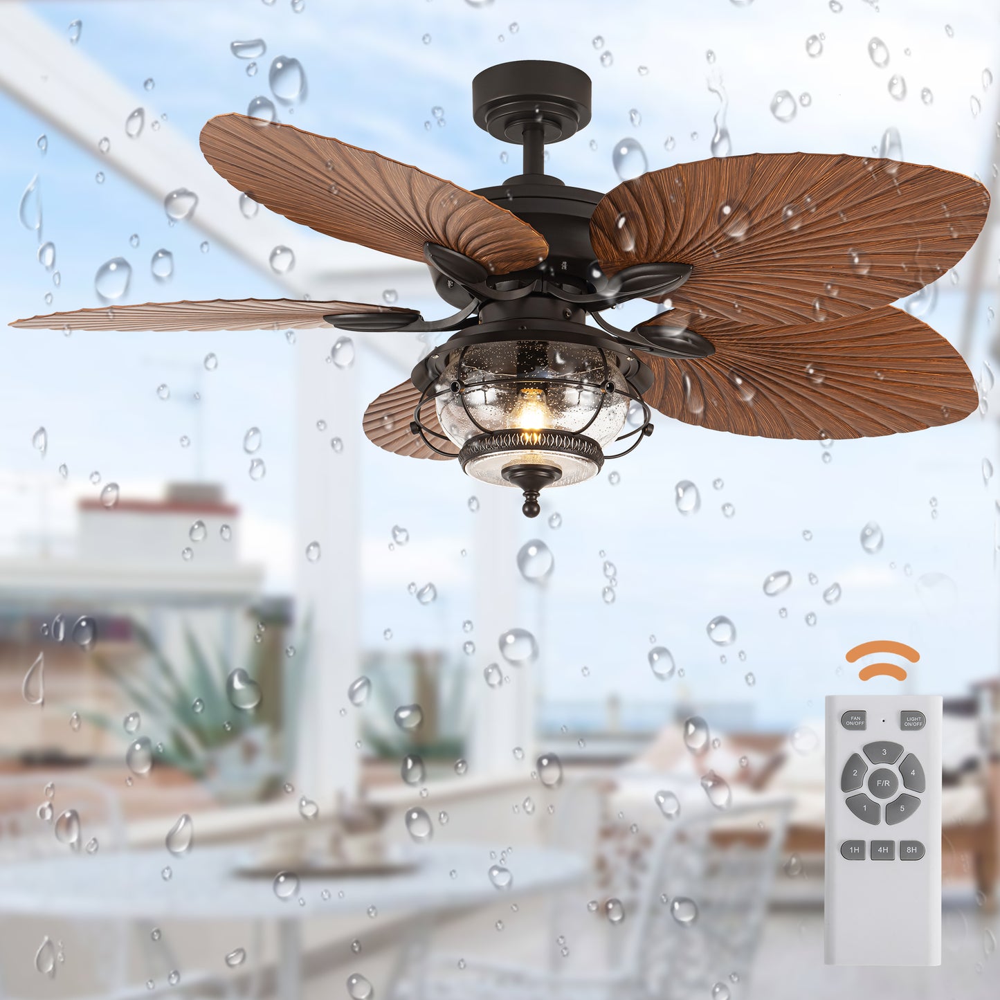 TIFEROR 52'' Wet Rated Ceiling Fans with Light and Remote, Tropical Outdoor Ceiling Fan Palm Island, for Gazebo Patio