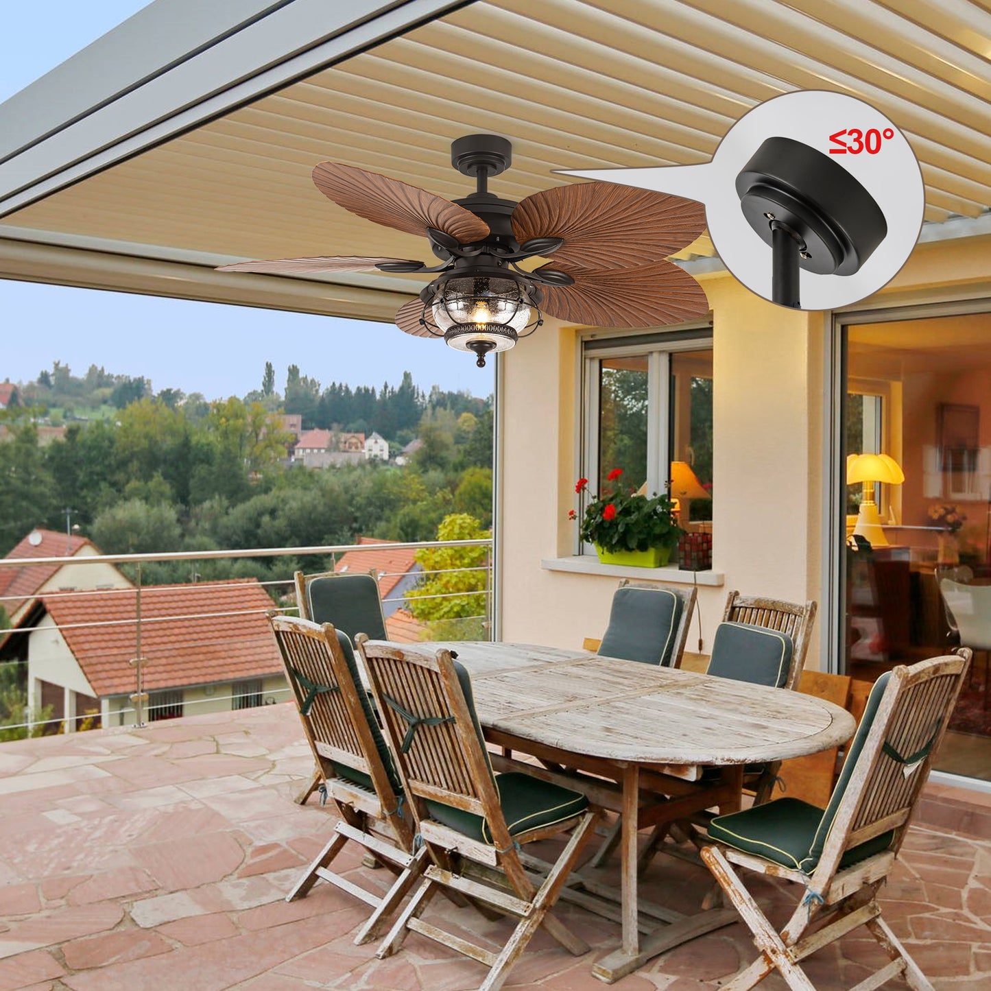 TIFEROR 52'' Wet Rated Ceiling Fans with Light and Remote, Tropical Outdoor Ceiling Fan Palm Island, for Gazebo Patio