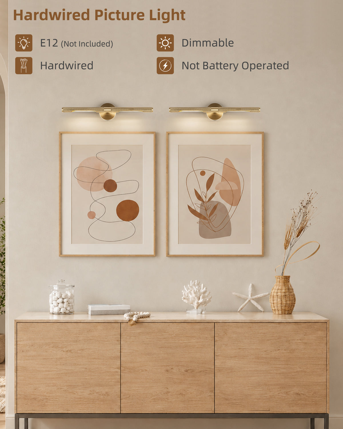 TIFEROR Brass Gold Picture Light, Dimmable LED Wall Lamps for Bedroom