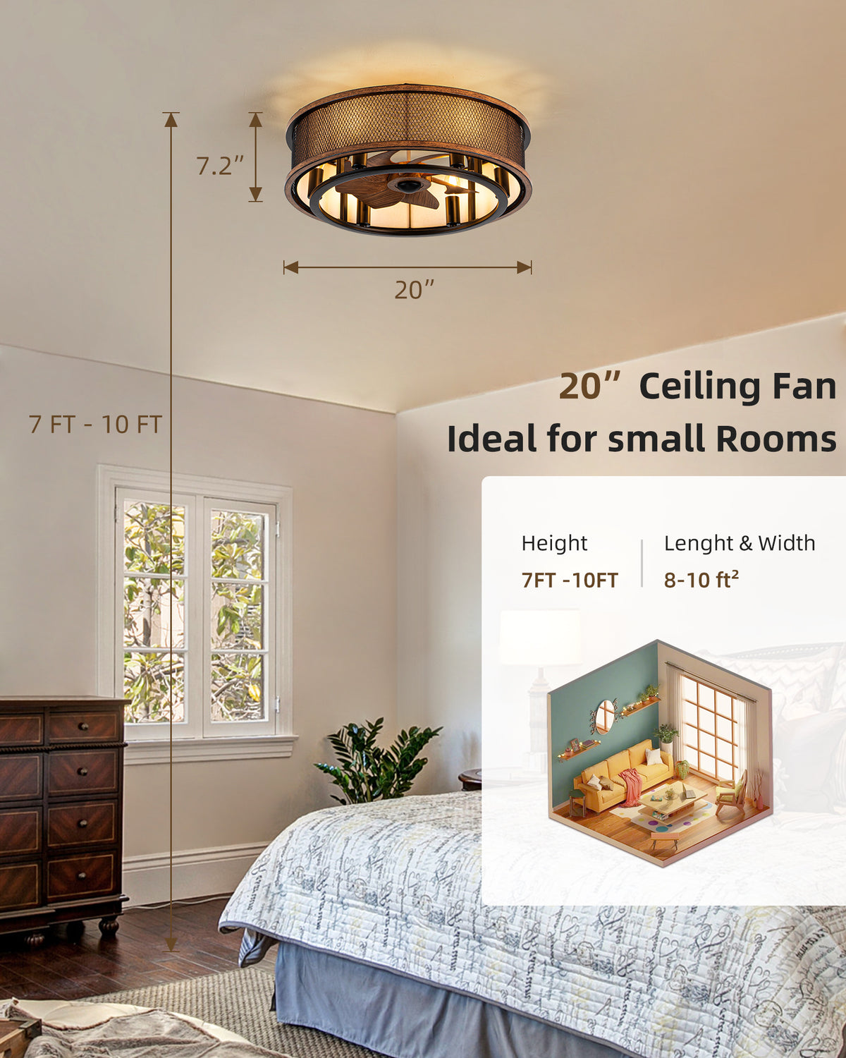TIFEROR 20" Caged Ceiling Fan Low Profile Flush Mount Fandelier with Light