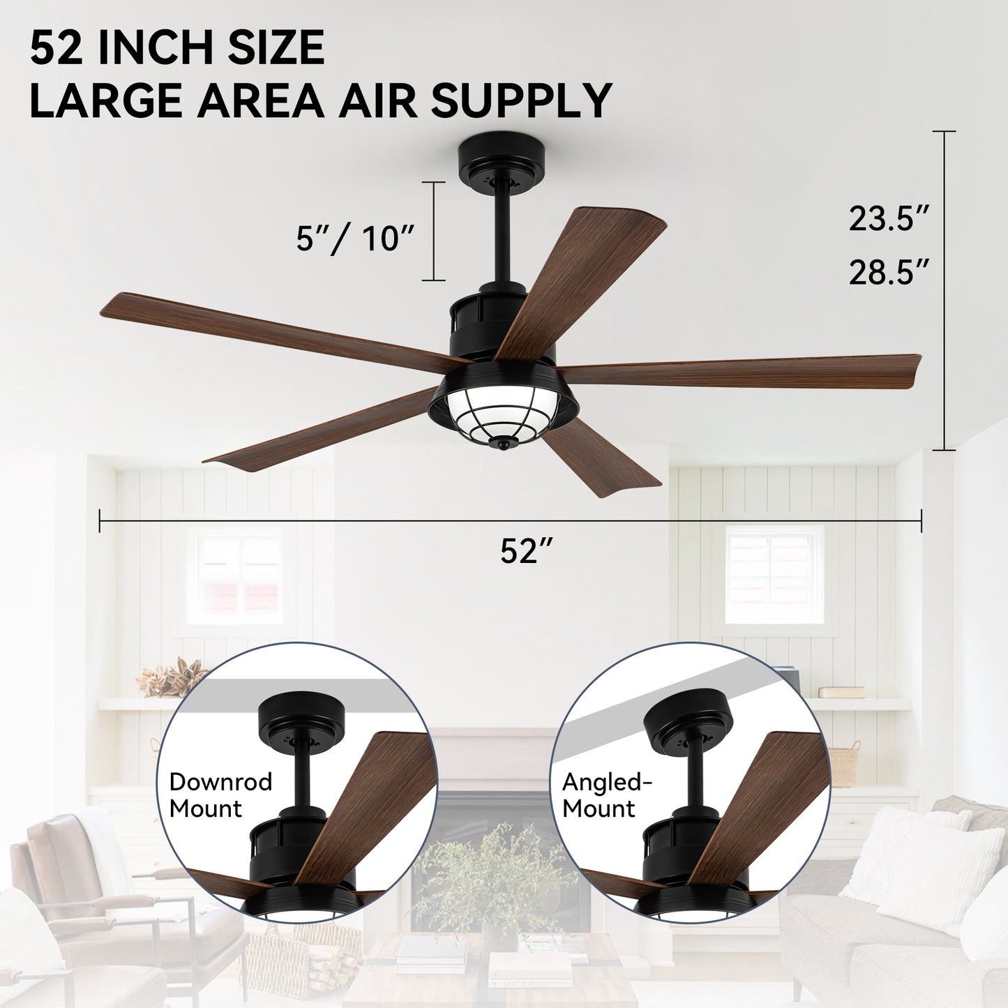 TIFEROR 52" Outdoor Ceiling Fans with Lights for patios, Wet Rated Ceiling Fans with Lights and Remote-5 Blades