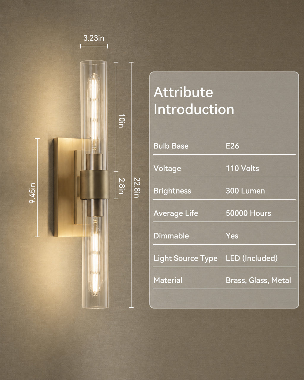 TIFEROR Brass Gold Wall Sconce, Modern Dimmable E26 LED Bathroom Wall Light