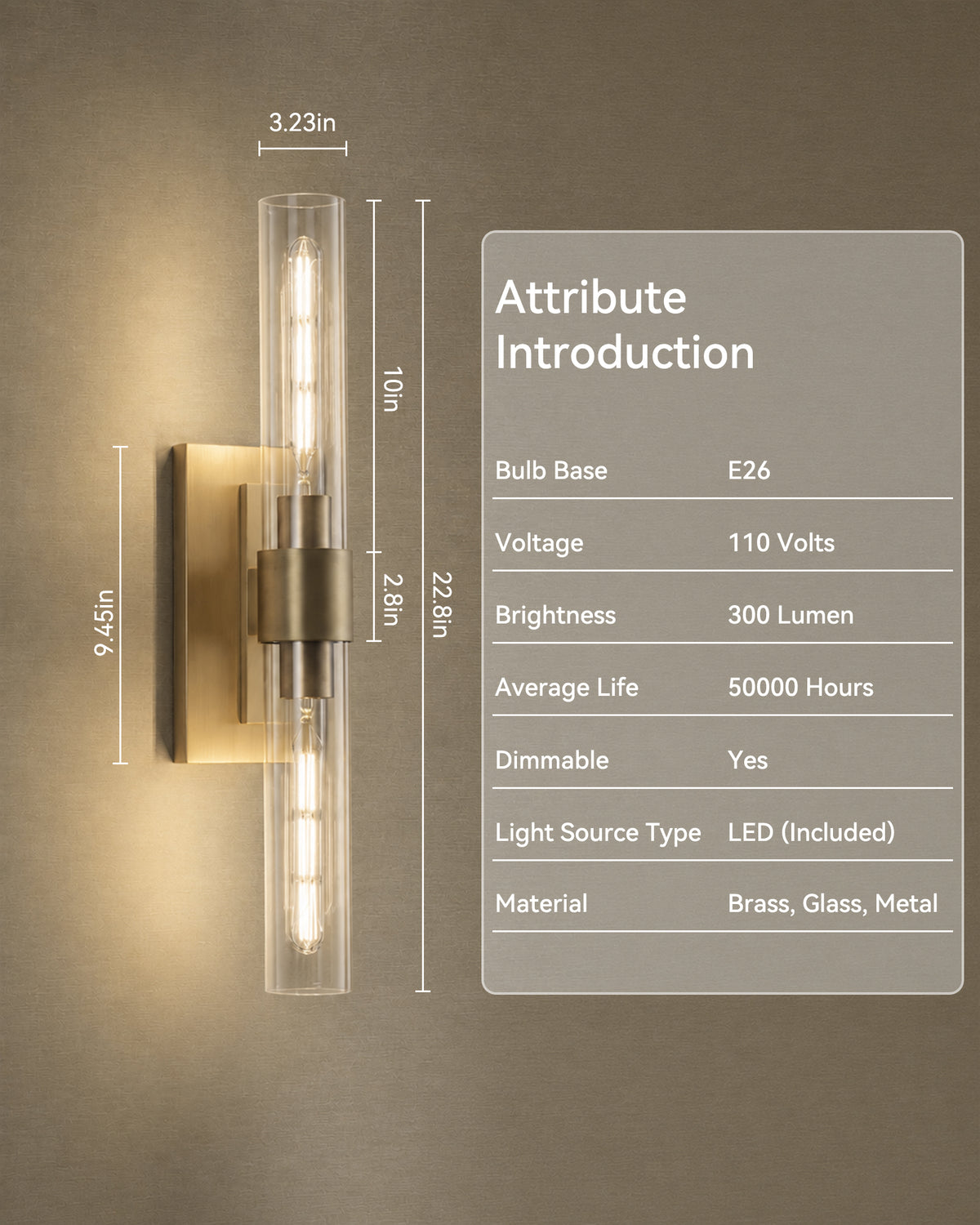 TIFEROR Brass Gold Wall Sconce, Modern Dimmable E26 LED Bathroom Wall Light