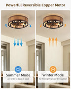 TIFEROR 20" Rattan Caged Ceiling Fan with Light & Remote