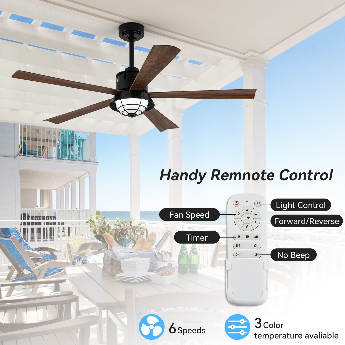 TIFEROR 52" Outdoor Ceiling Fans with Lights for patios, Wet Rated Ceiling Fans with Lights and Remote-5 Blades