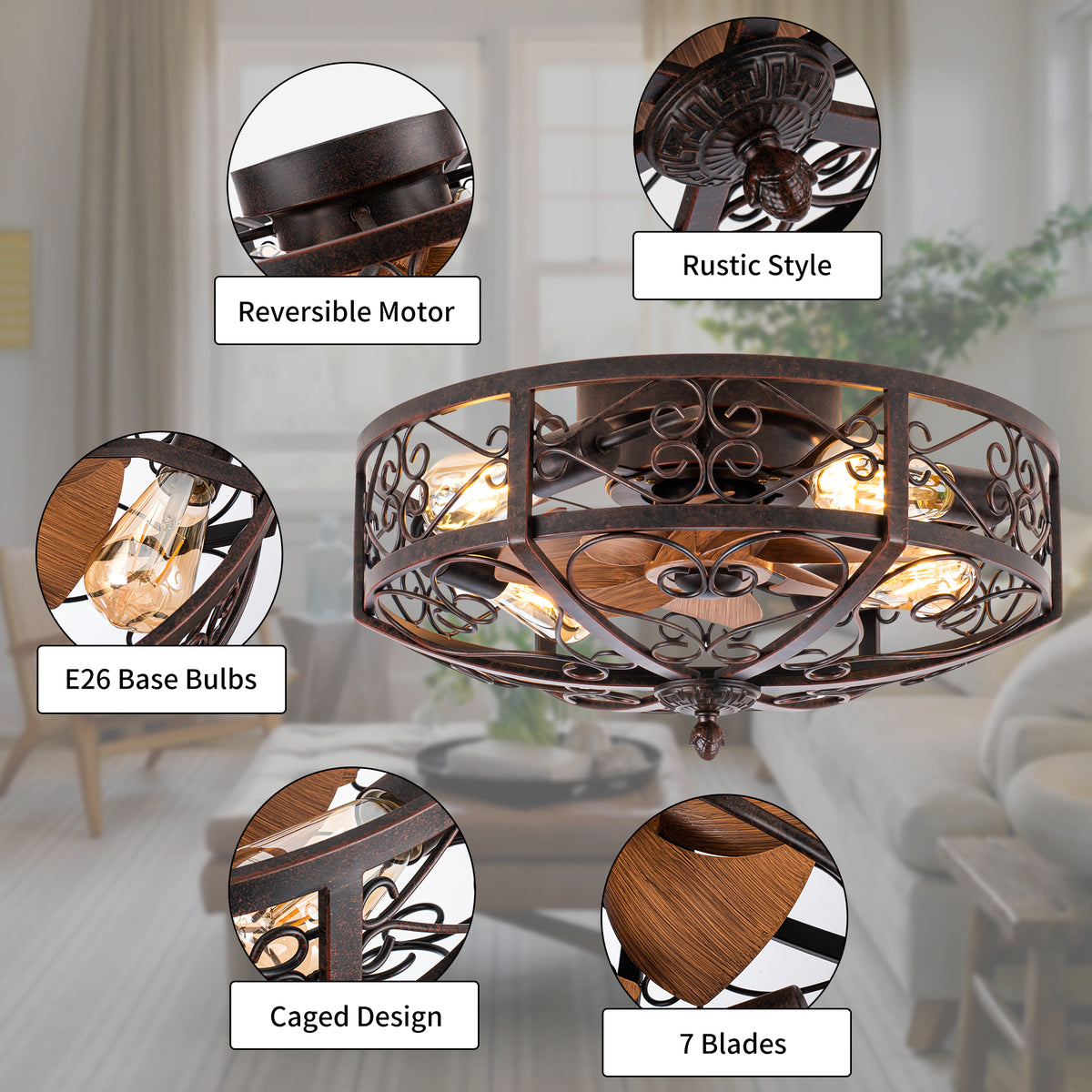 TIFEROR 20" Rustic Caged Ceiling Fan – 5×E26