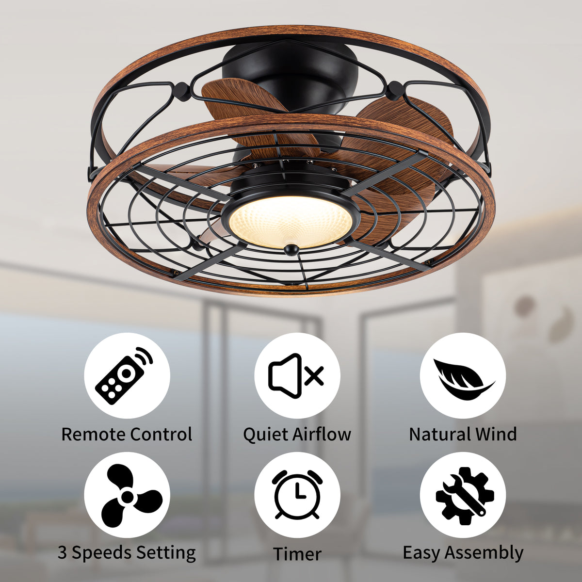 TIFEROR 20" Caged Ceiling Fan – 3-Color LED, Reversible Motor