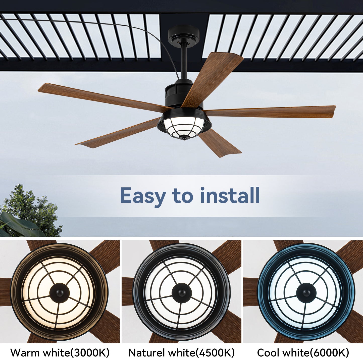 TIFEROR 52" Outdoor Ceiling Fans with Light and Remote, 5 Blades, 3-Colors LED, IP65 Waterproof Ceiling Fan for Gazebo Patio