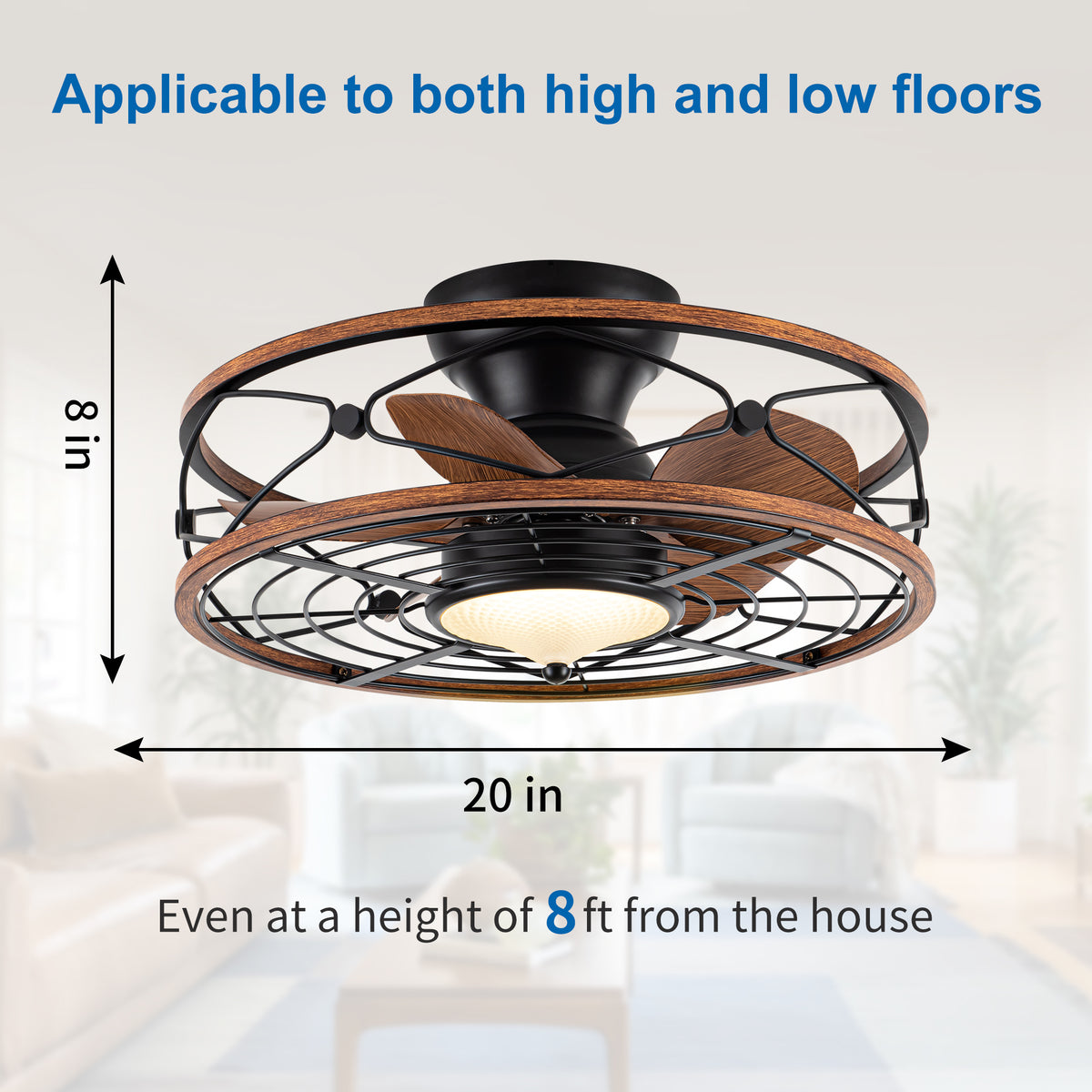 TIFEROR 20" Caged Ceiling Fan – 3-Color LED, Reversible Motor